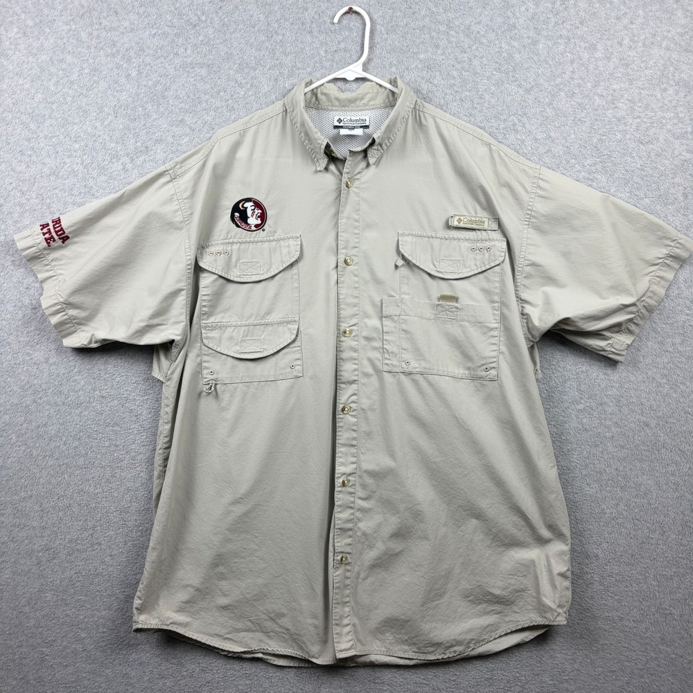Columbia Shirt Mens XL Beige Cotton Florida State PFG Vented Fishing Button Up